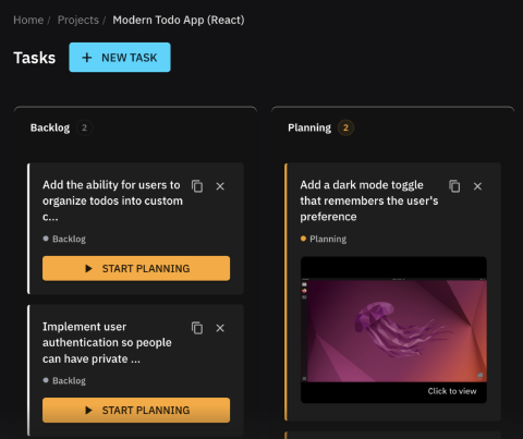 Kanban board showing tasks across Backlog and Planning with live desktop preview